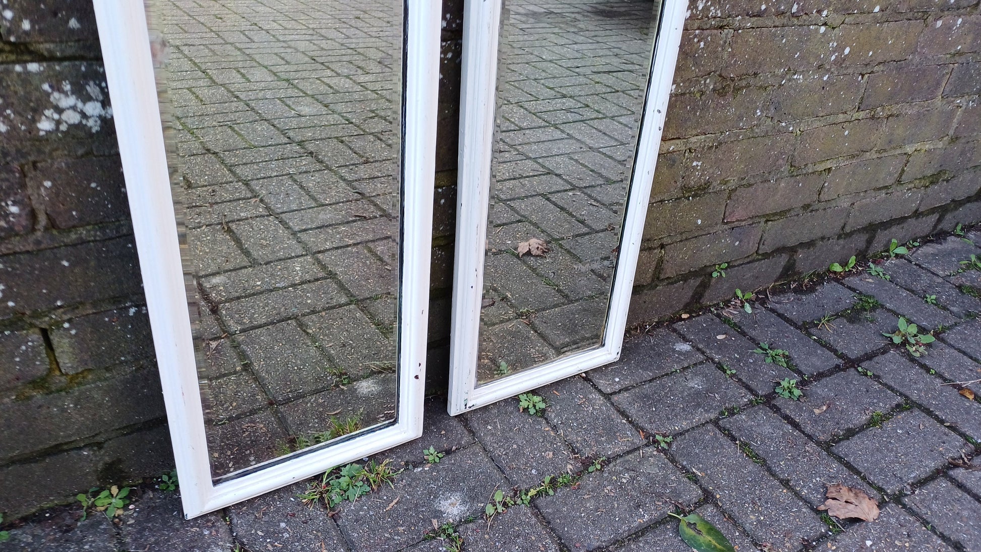 Pair of Long and Large Vintage Edwardian Shabby Chic Mirror Mahogany or Walnut. Bevelled Glass. 83 x 28 cm