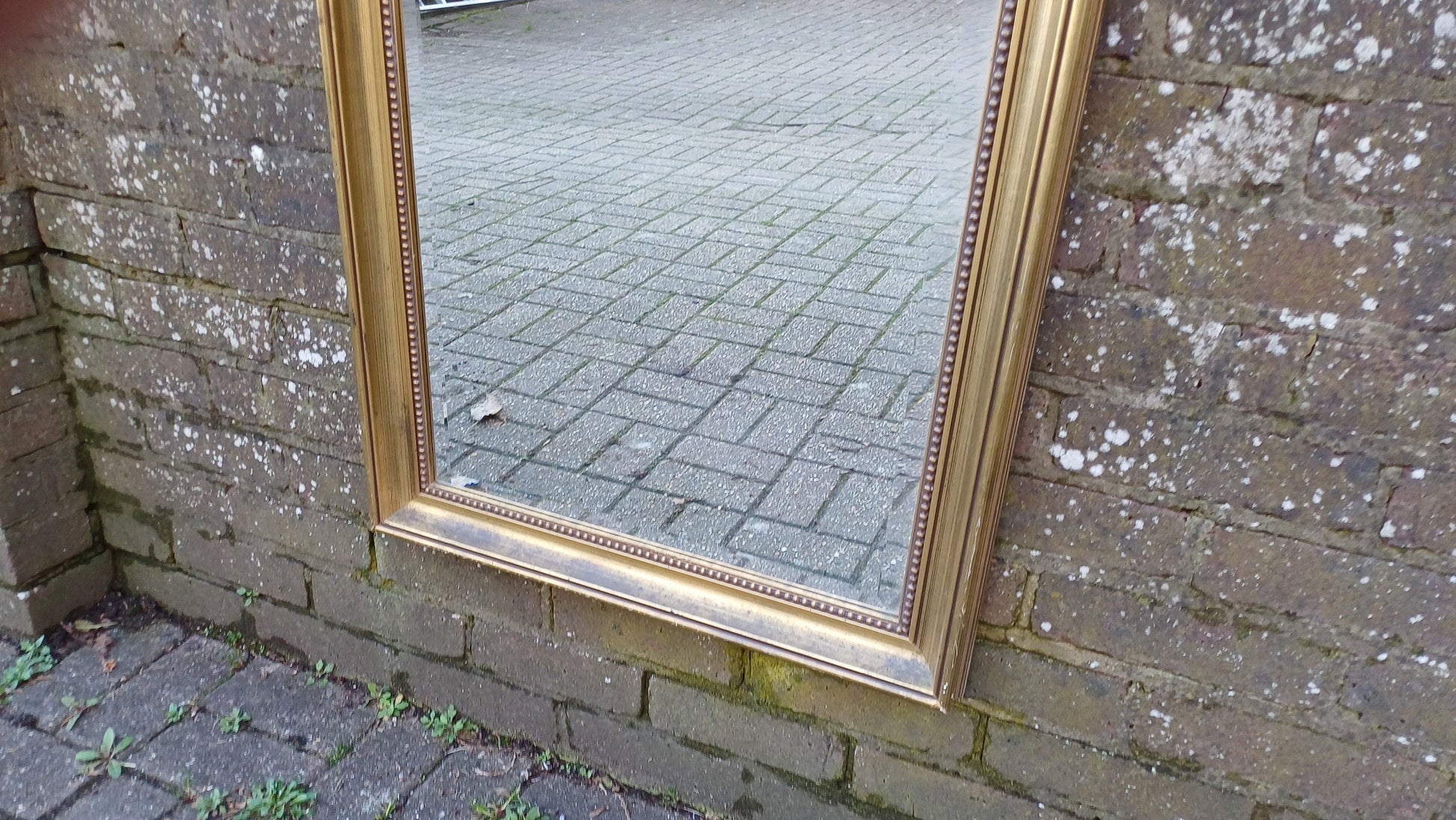 Huge Vintage 80’s Gold Distressed Finish Gold Gilt Wall Mirror. Bevelled Glass. 85 x 61 cm