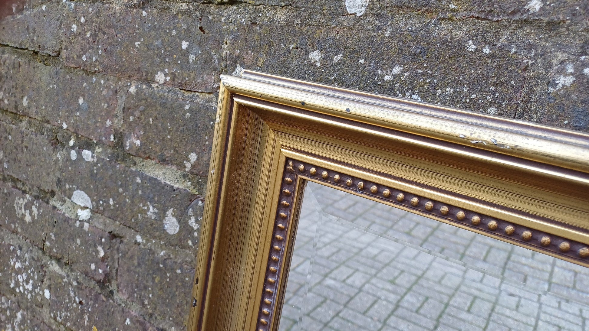 Huge Vintage 80’s Gold Distressed Finish Gold Gilt Wall Mirror. Bevelled Glass. 85 x 61 cm