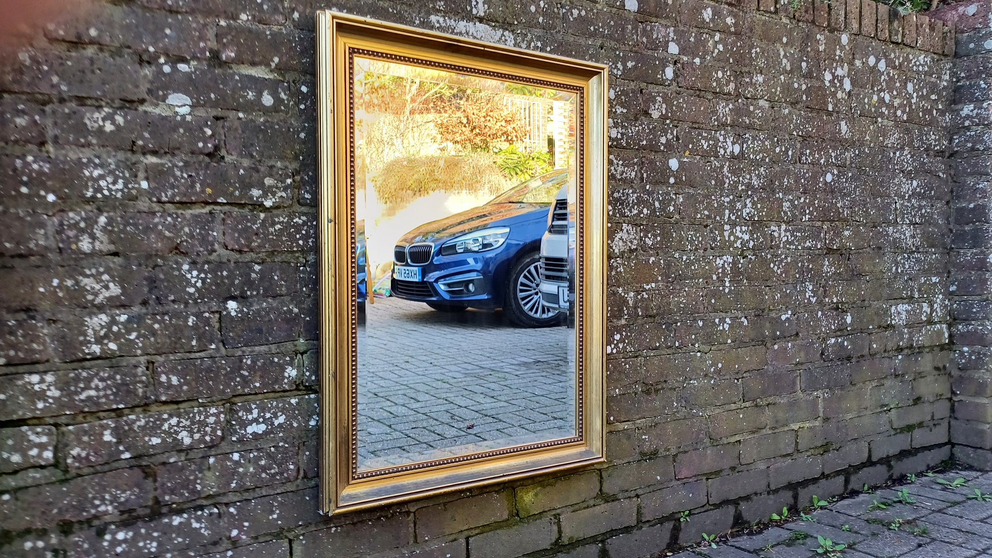 Huge Vintage 80’s Gold Distressed Finish Gold Gilt Wall Mirror. Bevelled Glass. 85 x 61 cm