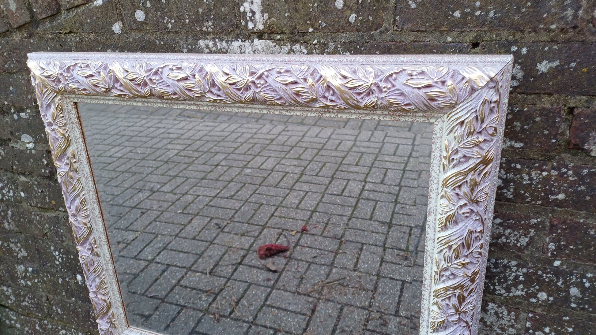 Quirky Leaves and Berries Huge Quality Vintage 90s Painted Mirror Pink Mottled Hues and Gold. Bevelled Glass.