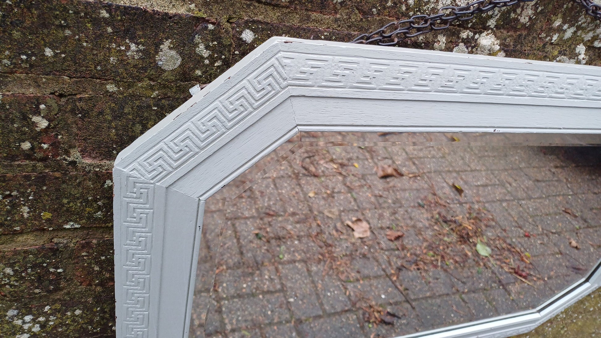 Bespoke Upcycled Large Light Green Painted Hexagonal Quality Oak Mirror. 1930s. Bevelled Glass.