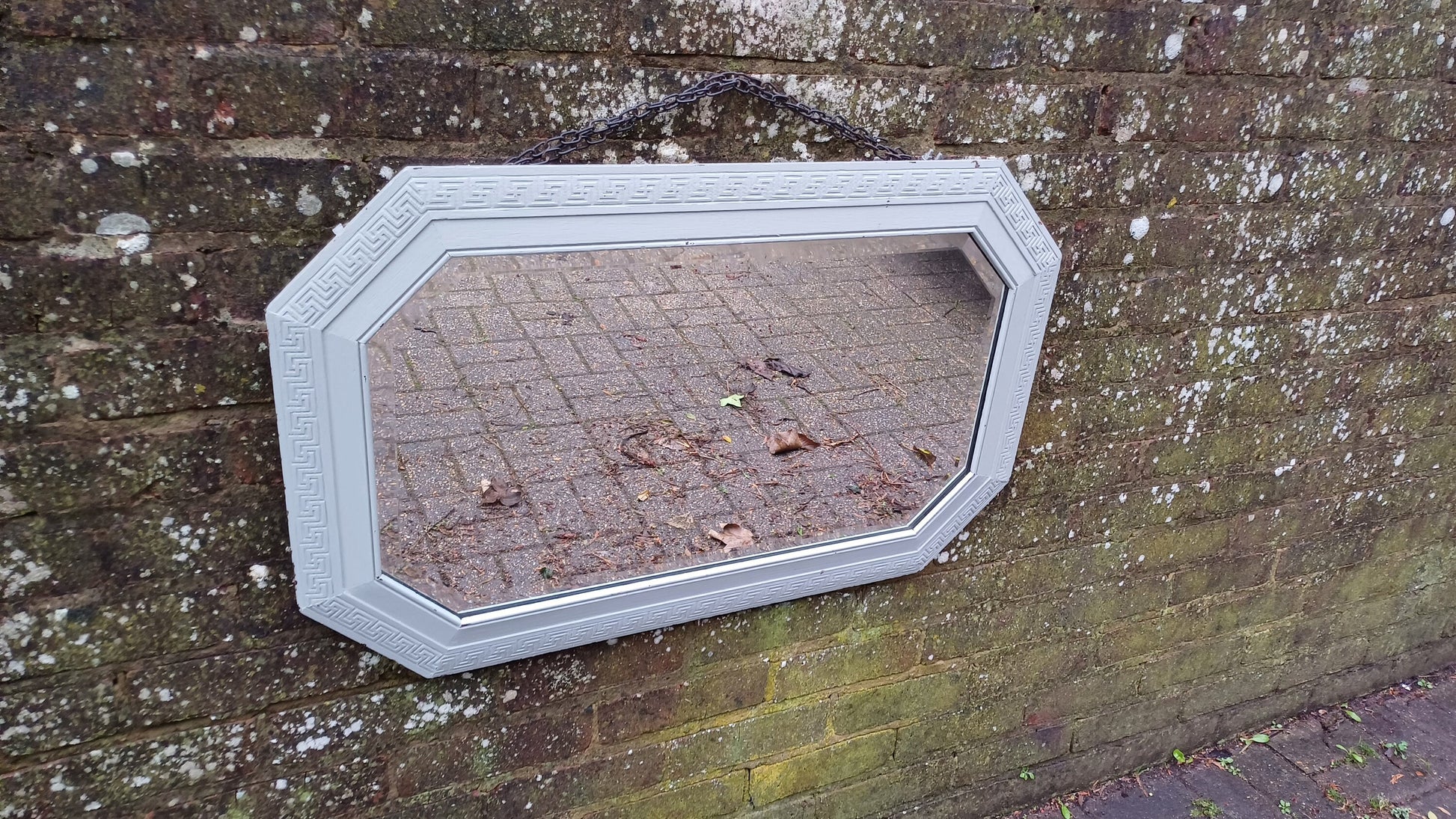 Bespoke Upcycled Large Light Green Painted Hexagonal Quality Oak Mirror. 1930s. Bevelled Glass.