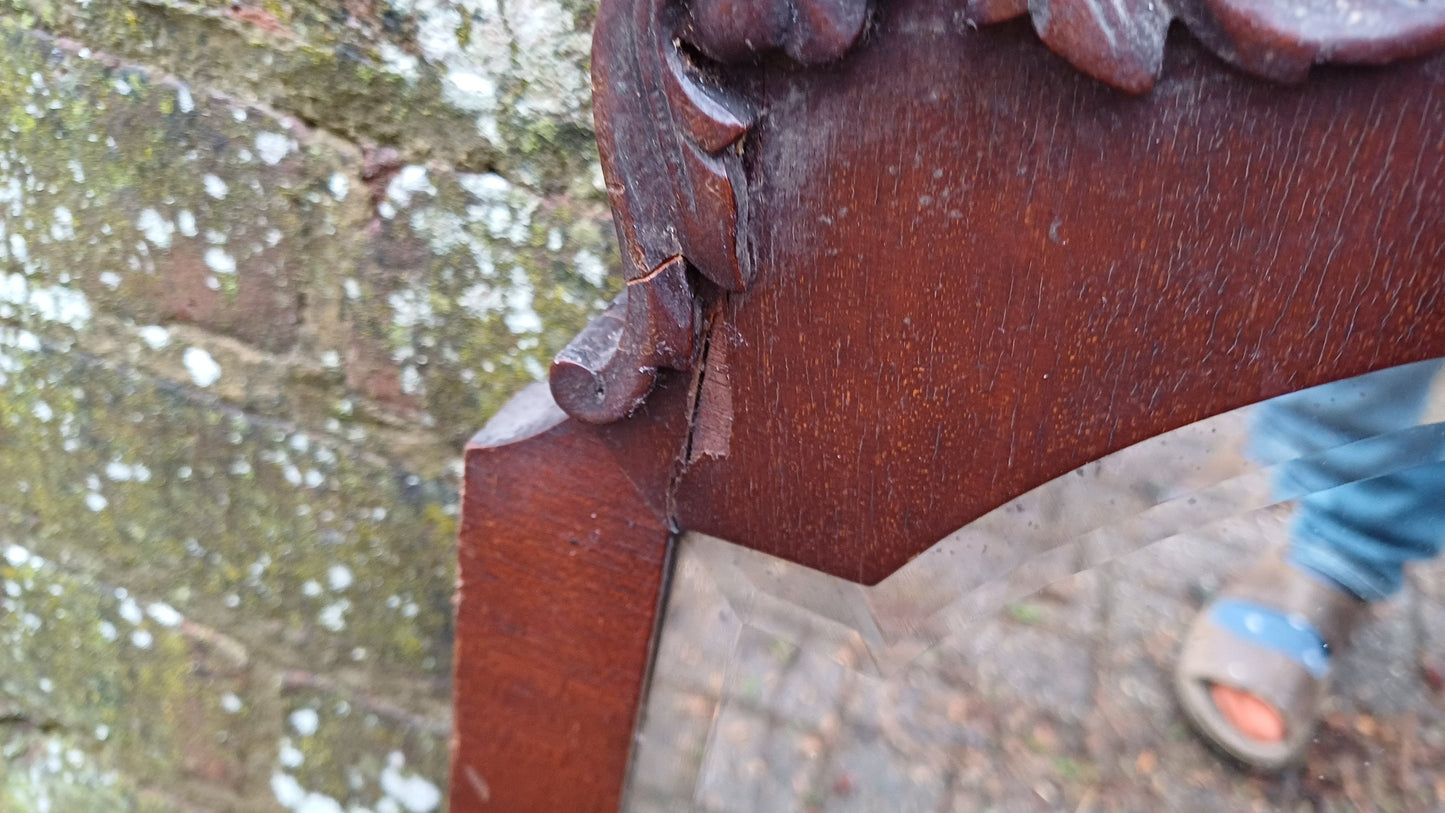 Large Quality Vintage 20s Mahogany Mirror Carved Detail Highlights Superb Heavy Bevelled Glass.