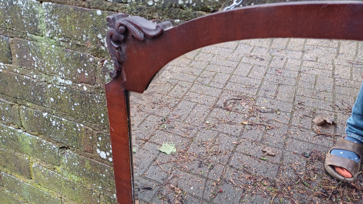 Large Quality Vintage 20s Mahogany Mirror Carved Detail Highlights Superb Heavy Bevelled Glass.