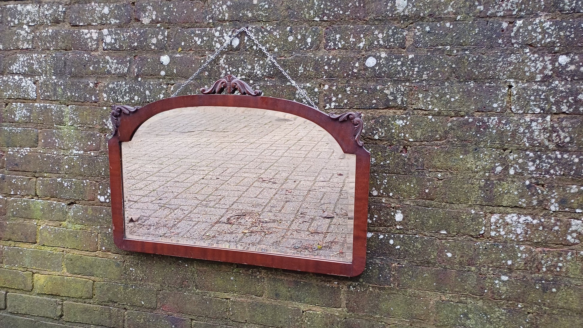 Large Quality Vintage 20s Mahogany Mirror Carved Detail Highlights Superb Heavy Bevelled Glass.