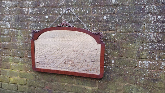 Large Quality Vintage 20s Mahogany Mirror Carved Detail Highlights Superb Heavy Bevelled Glass.