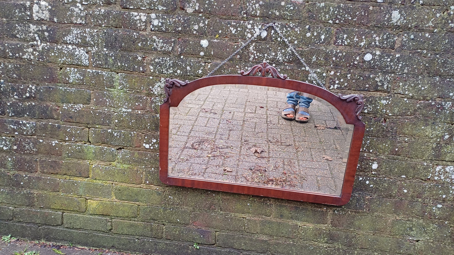 Large Quality Vintage 20s Mahogany Mirror Carved Detail Highlights Superb Heavy Bevelled Glass.