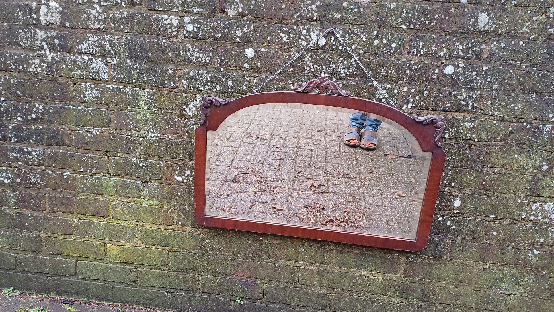 Large Quality Vintage 20s Mahogany Mirror Carved Detail Highlights Superb Heavy Bevelled Glass.