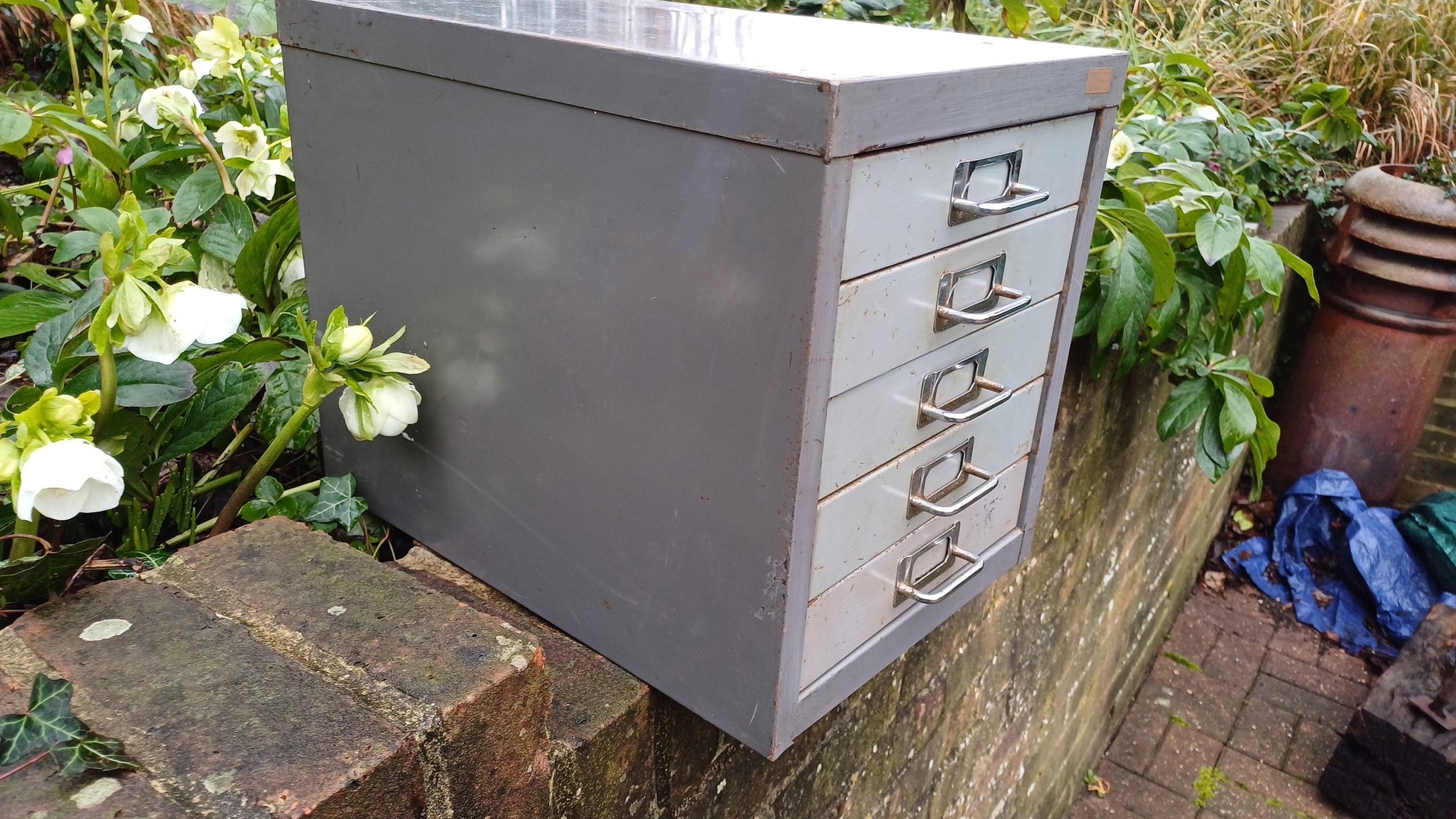 Retro Vintage Flight of Metal Drawers Storage Tools Artisan Desk Surface.