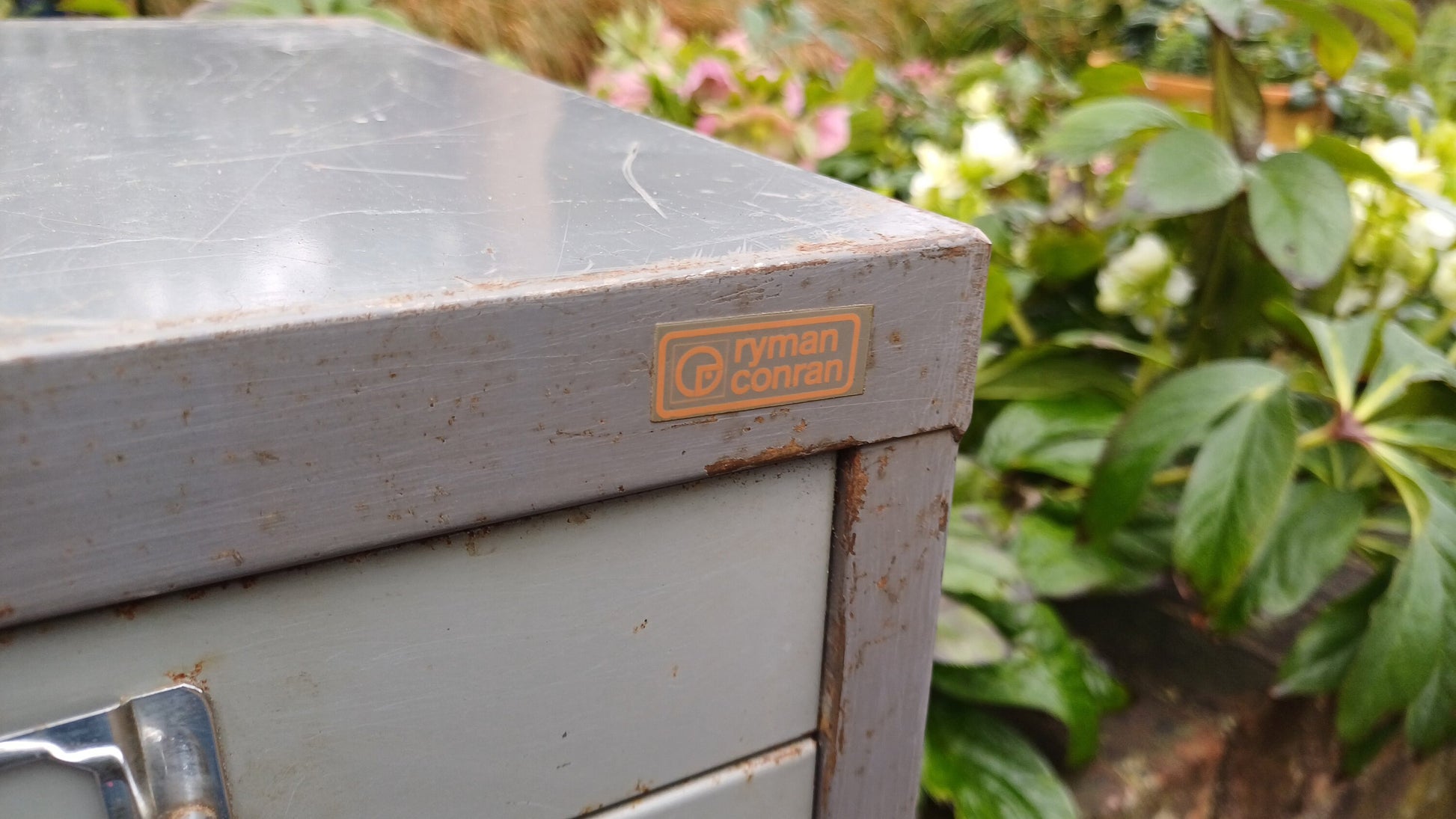 Retro Vintage Flight of Metal Drawers Storage Tools Artisan Desk Surface.