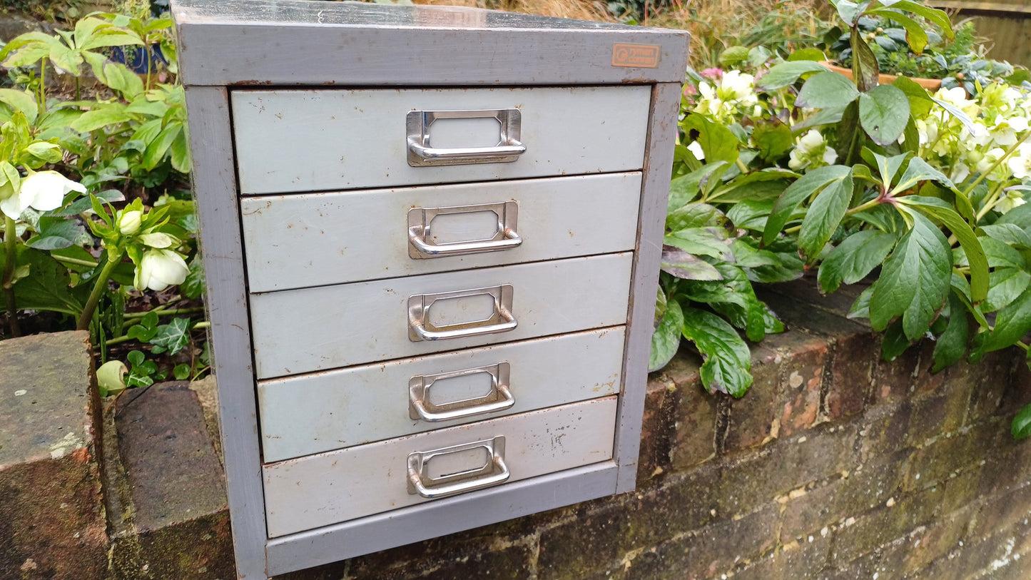 Retro Vintage Flight of Metal Drawers Storage Tools Artisan Desk Surface.