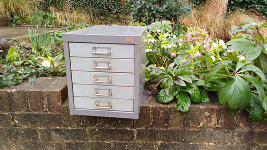 Retro Vintage Flight of Metal Drawers Storage Tools Artisan Desk Surface.