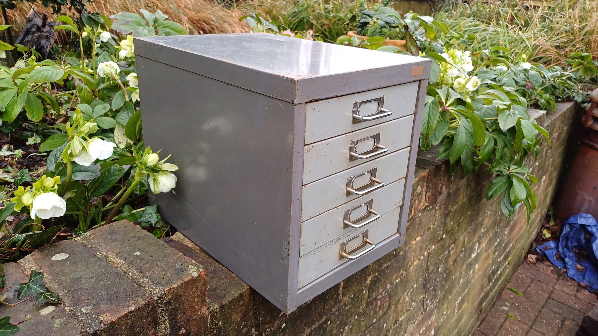 Retro Vintage Flight of Metal Drawers Storage Tools Artisan Desk Surface.