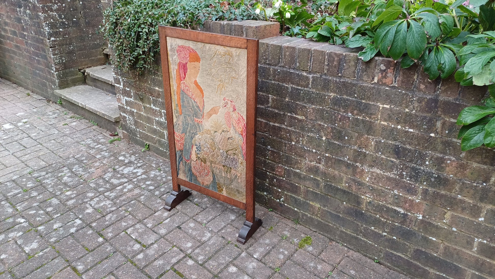 Large Vintage Solid Oak Arts and Crafts Fire Screen Tapestry Lady Feeding Parrot. One Metre Tall