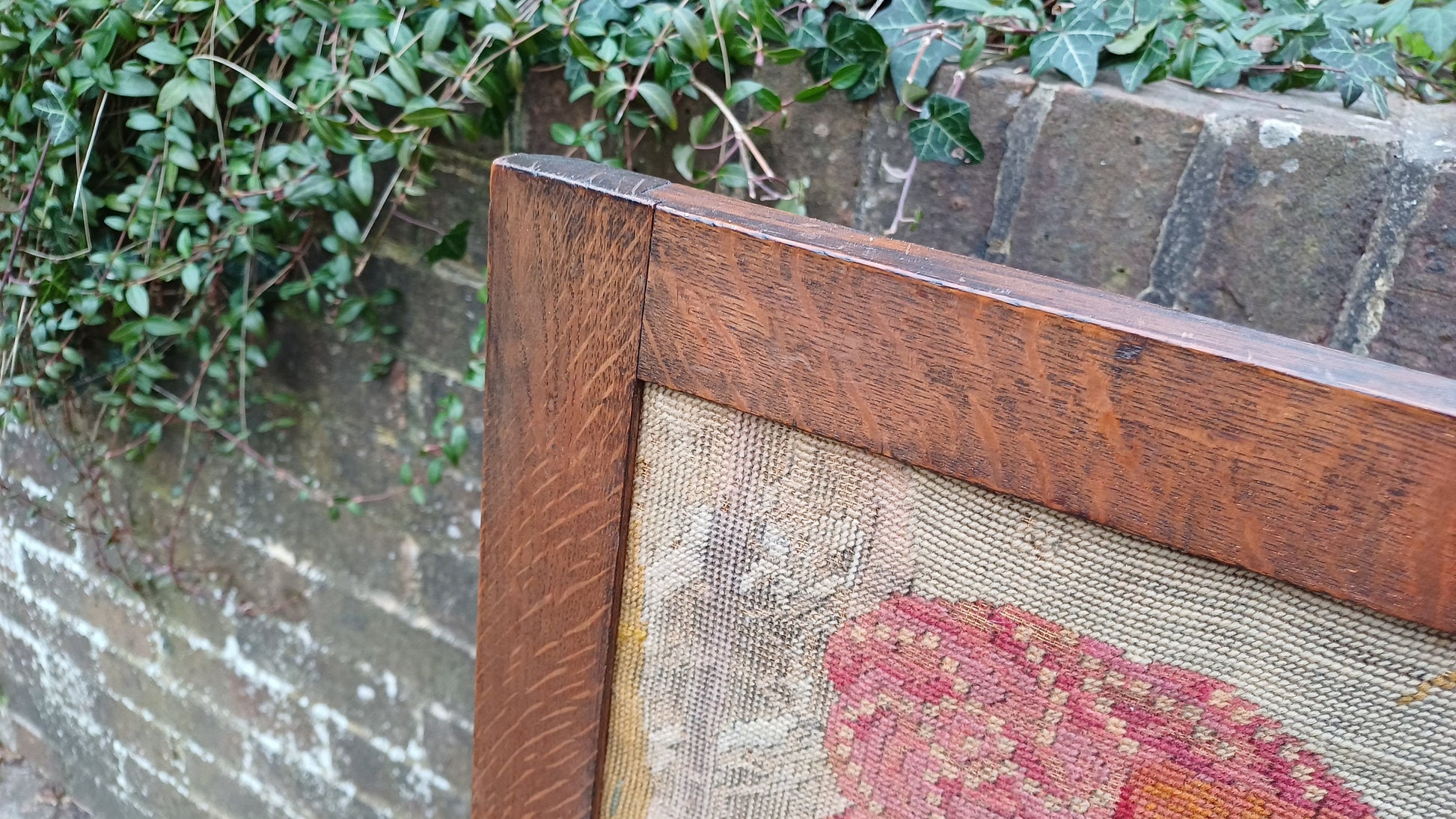 Large Vintage Solid Oak Arts and Crafts Fire Screen Tapestry Lady Feeding Parrot. One Metre Tall