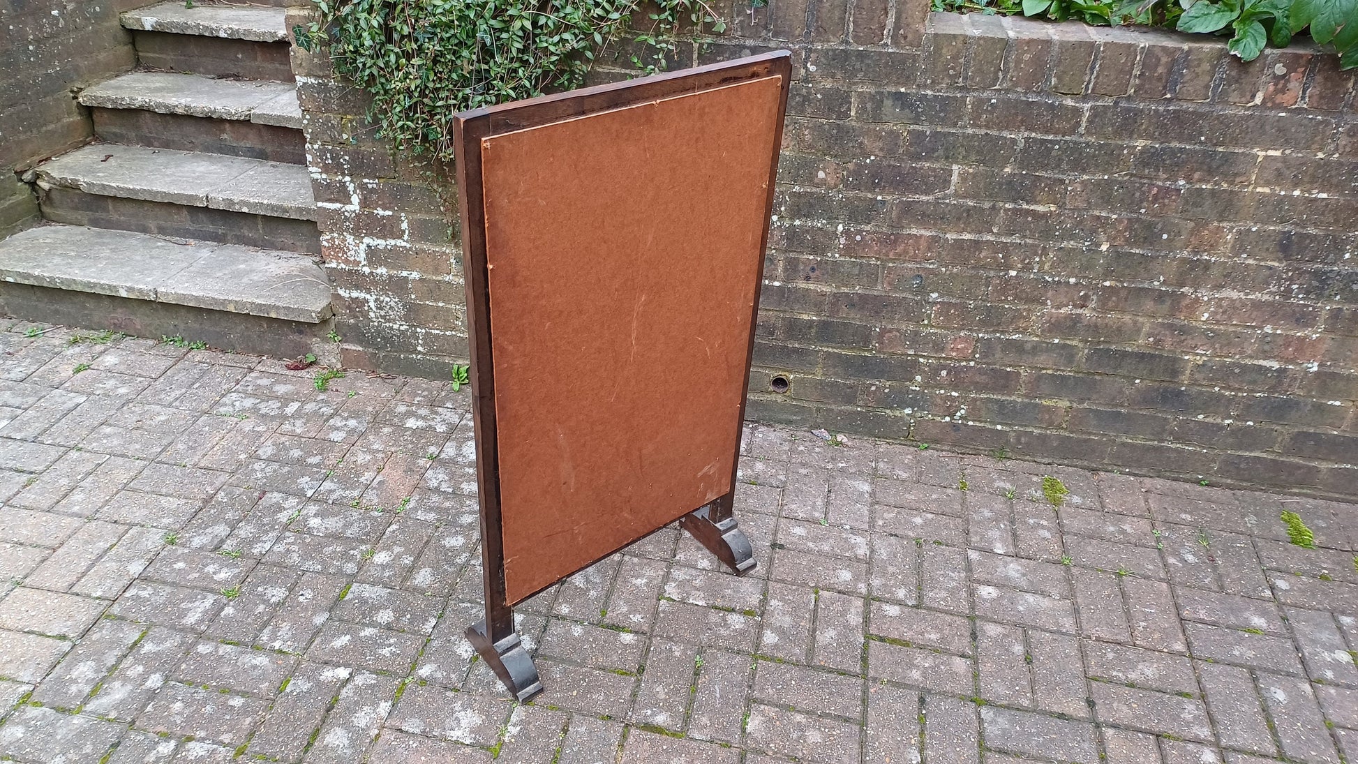 Large Vintage Solid Oak Arts and Crafts Fire Screen Tapestry Lady Feeding Parrot. One Metre Tall