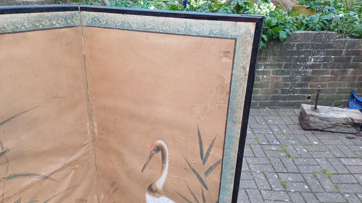 Stunning Age Worn Hand Painted Victorian Vintage Folding Screen Stork or Heron.