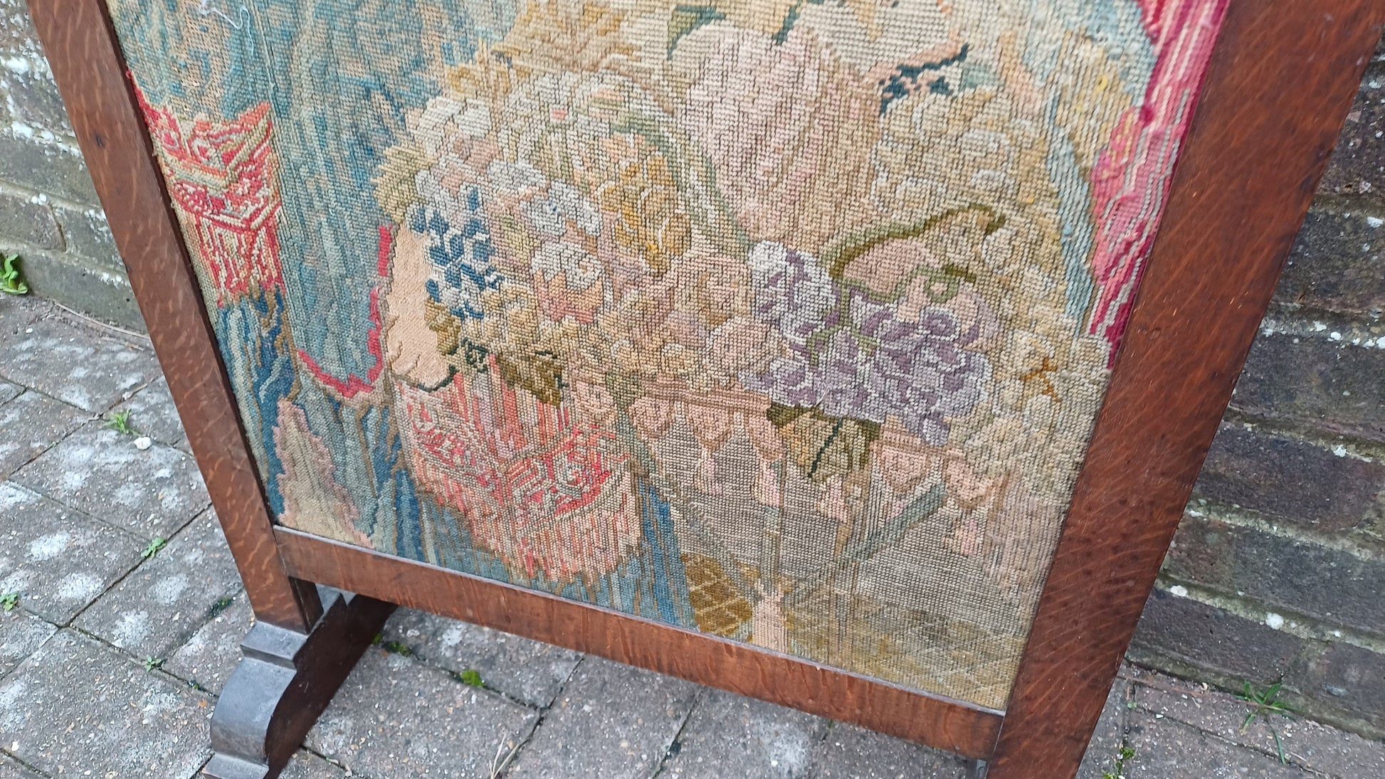 Large Vintage Solid Oak Arts and Crafts Fire Screen Tapestry Lady Feeding Parrot. One Metre Tall