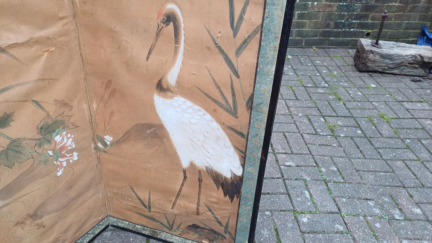 Stunning Age Worn Hand Painted Victorian Vintage Folding Screen Stork or Heron.