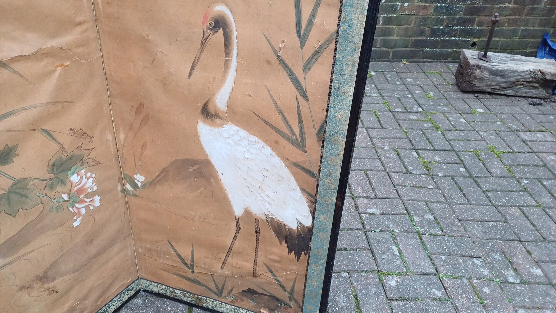 Stunning Age Worn Hand Painted Victorian Vintage Folding Screen Stork or Heron.
