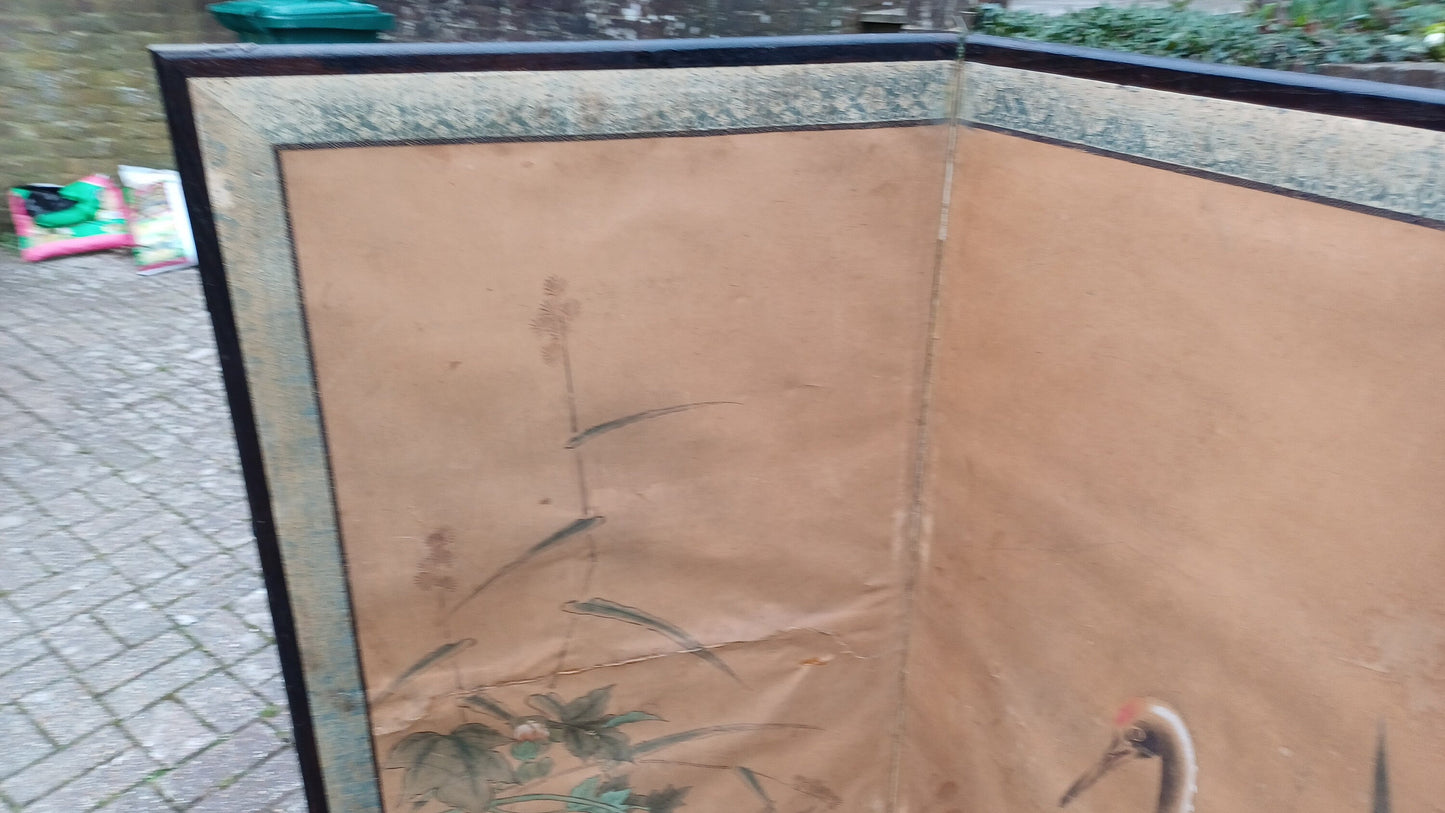 Stunning Age Worn Hand Painted Victorian Vintage Folding Screen Stork or Heron.