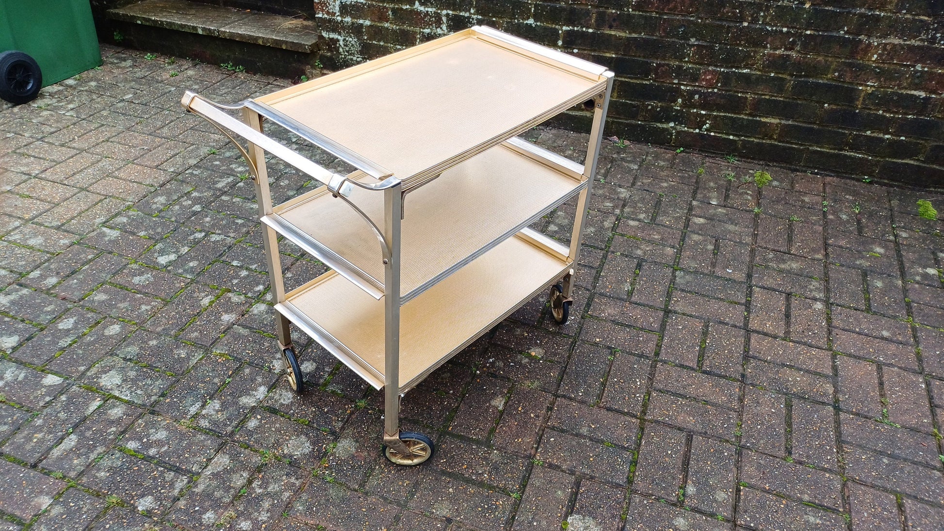 Vintage Retro 50s or 60s Metal Serving Drinks Trolley ‘Woodmet Product’ Metal Silver Gold Hues