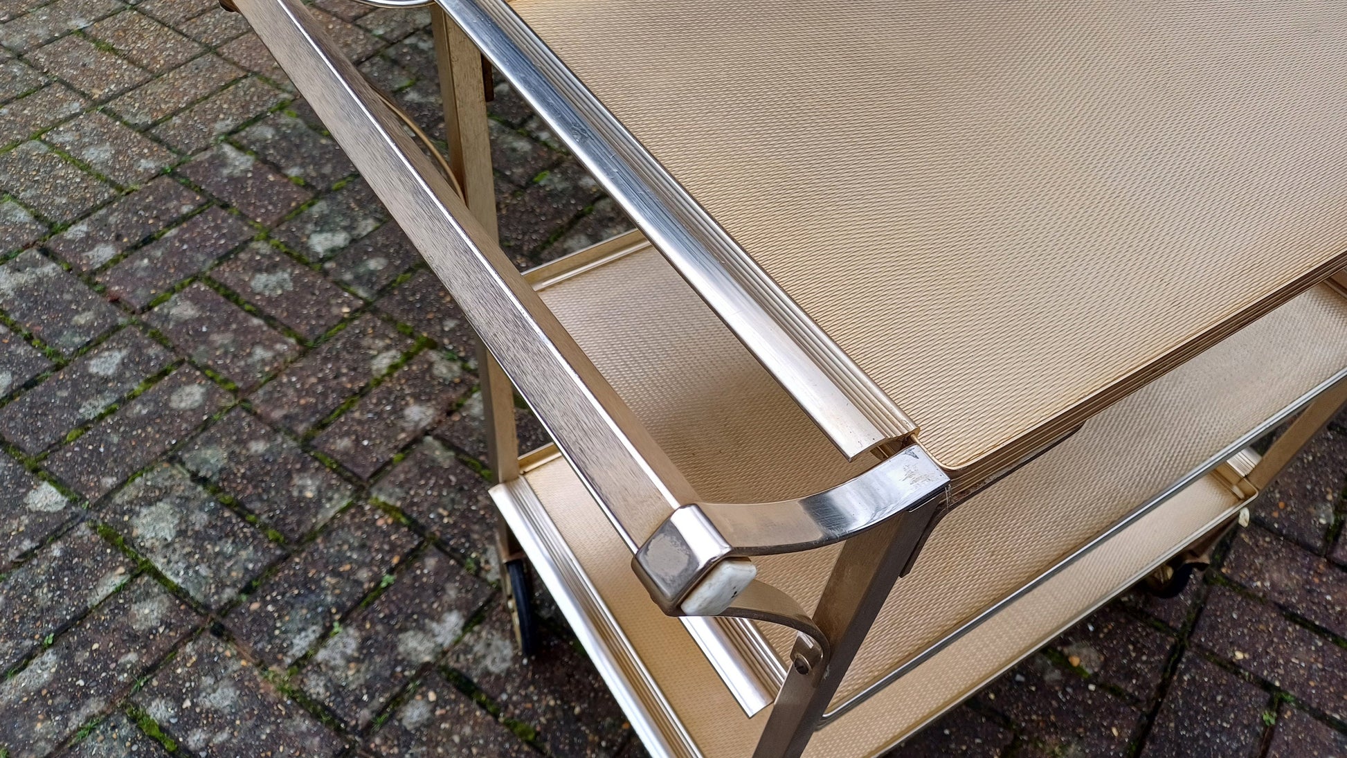 Vintage Retro 50s or 60s Metal Serving Drinks Trolley ‘Woodmet Product’ Metal Silver Gold Hues
