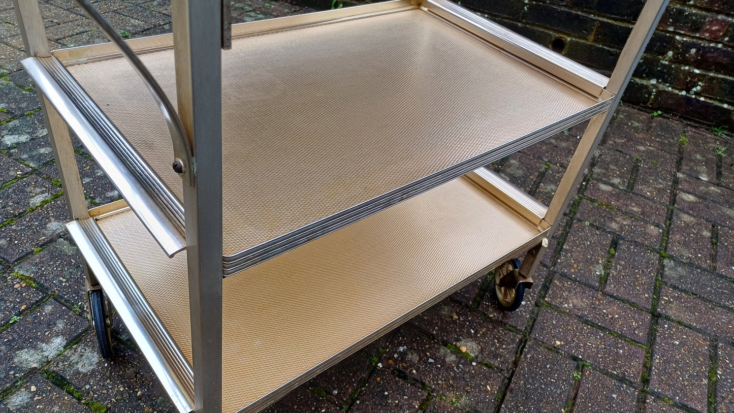 Vintage Retro 50s or 60s Metal Serving Drinks Trolley ‘Woodmet Product’ Metal Silver Gold Hues