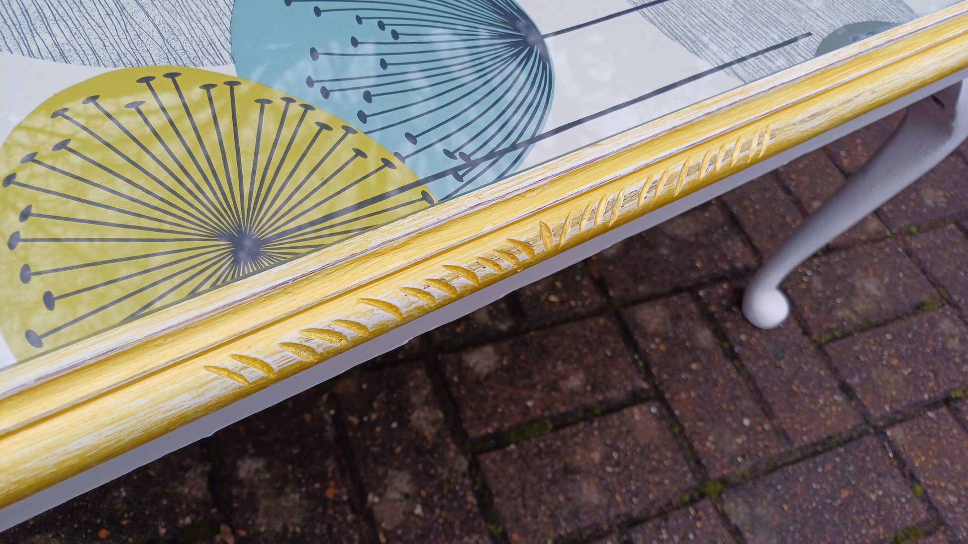 Vintage Painted Glass Top Coffee Table in Farrow and Ball and Sanderson Dandelion Decoupage.