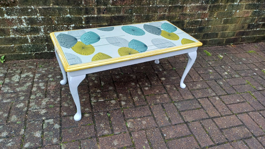 Vintage Painted Glass Top Coffee Table in Farrow and Ball and Sanderson Dandelion Decoupage.
