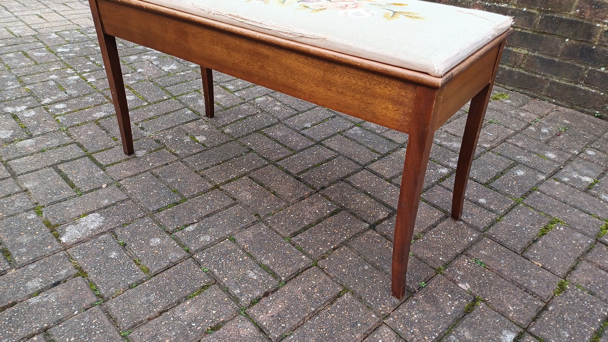Vintage Sturdy Mahogany Double Piano Stool with Storage Compartment Tapestry Seat.