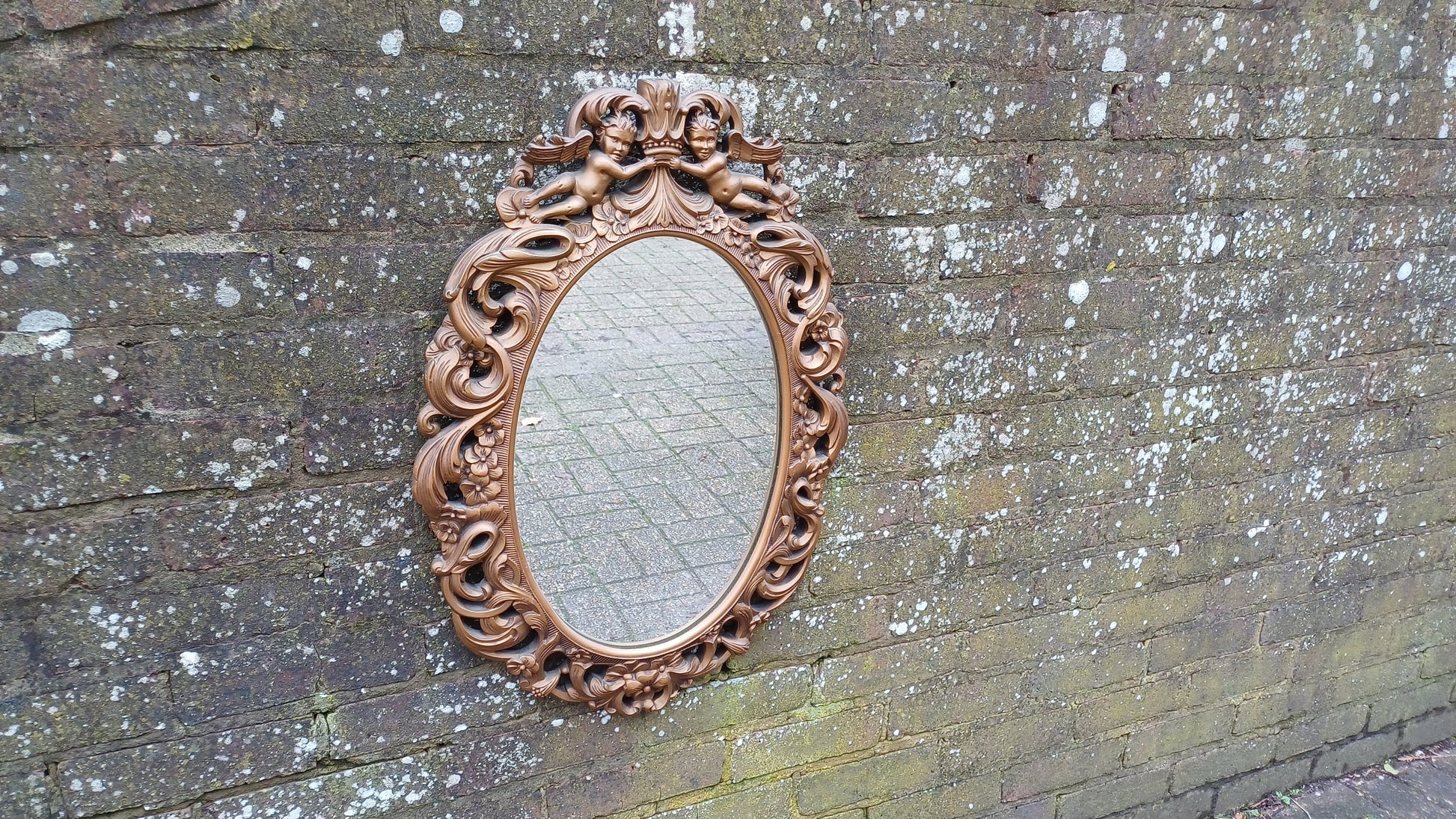 Stunning Gold 70s Vintage Ornate Gold Decorative Wall Mirror Cherub and Floral Decoration