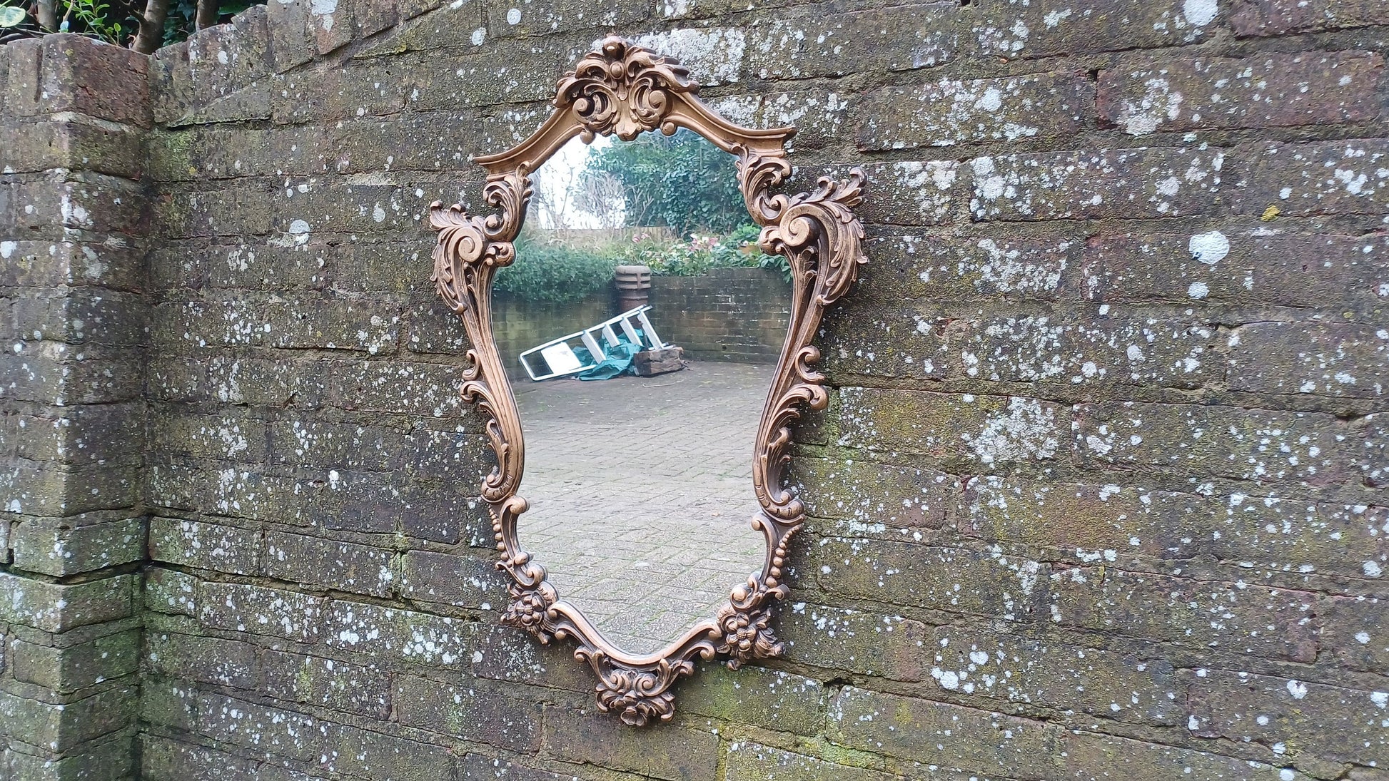 Stunning Gold 80s Vintage Ornate Gold Decorative Wall Mirror Cherub and Floral Decoration.