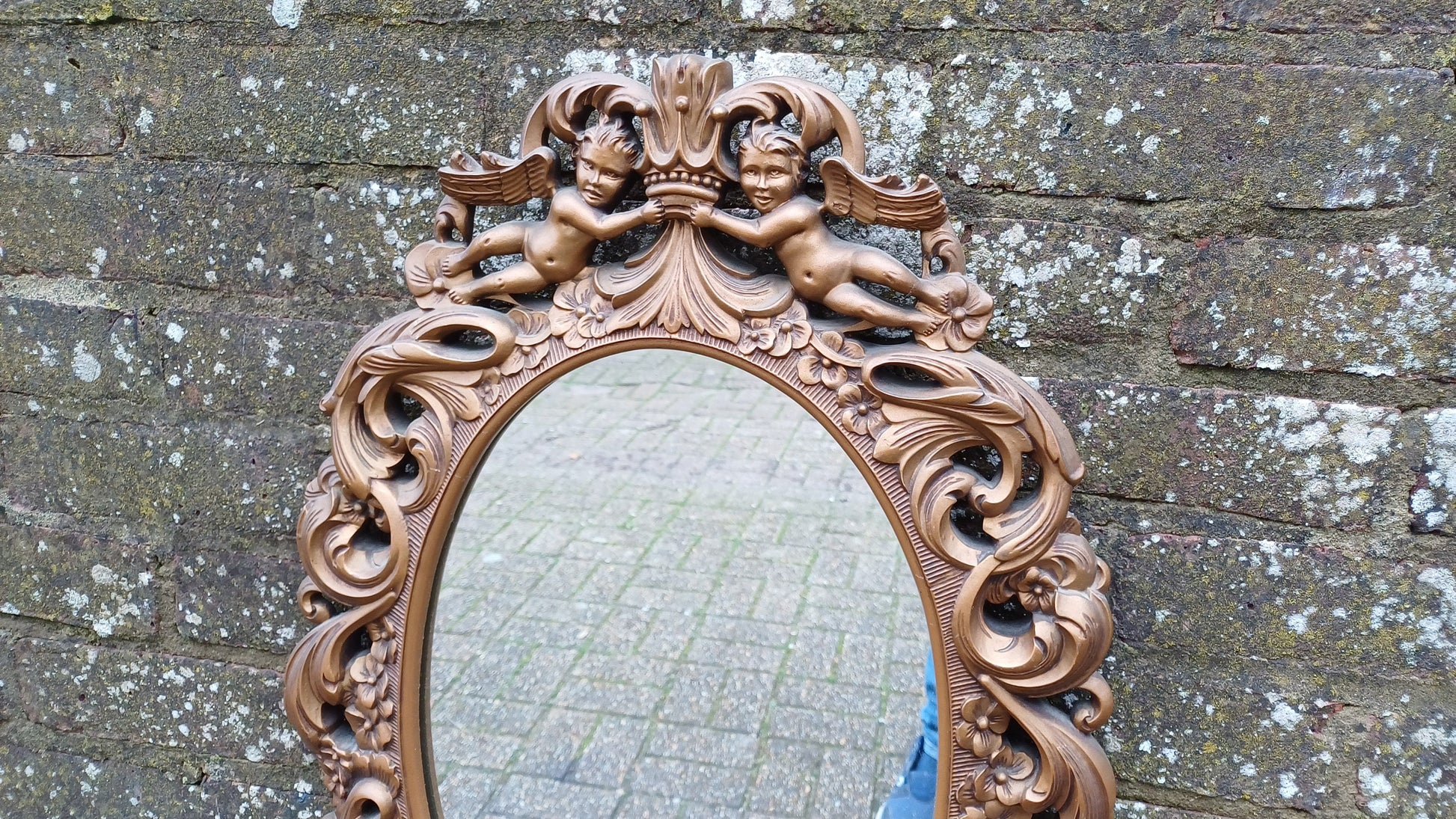 Stunning Gold 70s Vintage Ornate Gold Decorative Wall Mirror Cherub and Floral Decoration