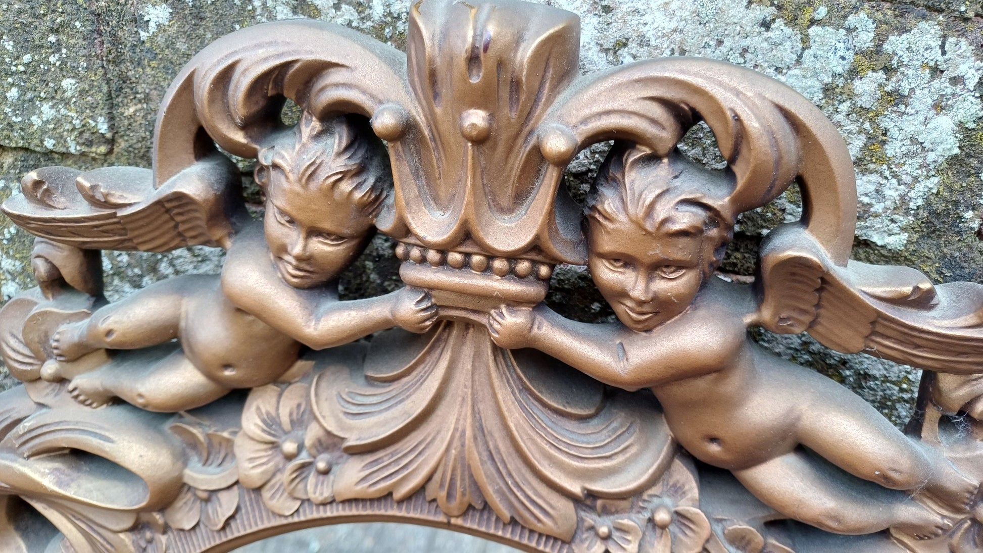 Stunning Gold 70s Vintage Ornate Gold Decorative Wall Mirror Cherub and Floral Decoration