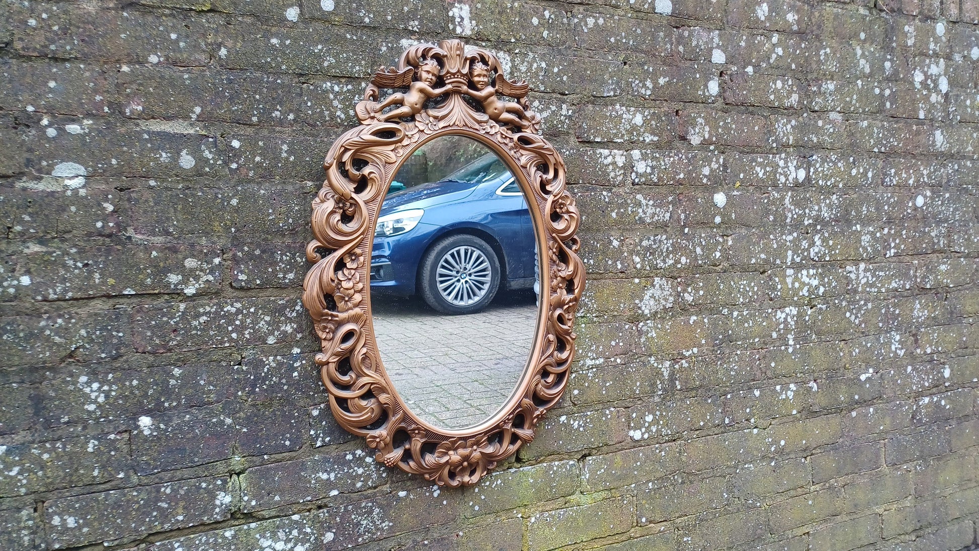 Stunning Gold 70s Vintage Ornate Gold Decorative Wall Mirror Cherub and Floral Decoration