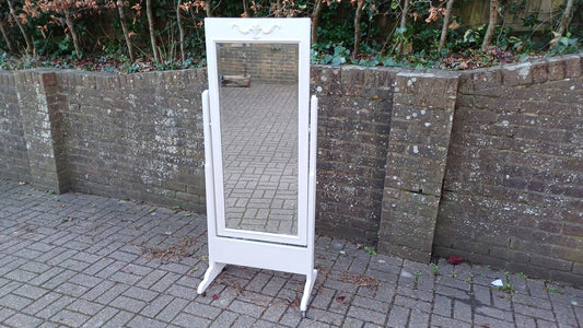 Large Early 20th Century Vintage Cheval Mirror. Solid Wood. Farrow and Ball Wimborne White.