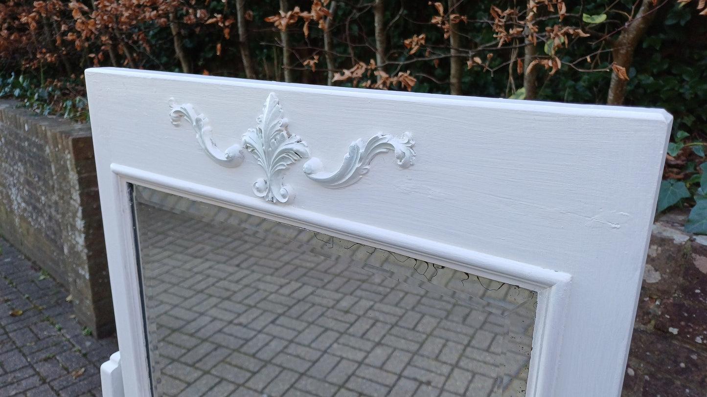 Large Early 20th Century Vintage Cheval Mirror. Solid Wood. Farrow and Ball Wimborne White.