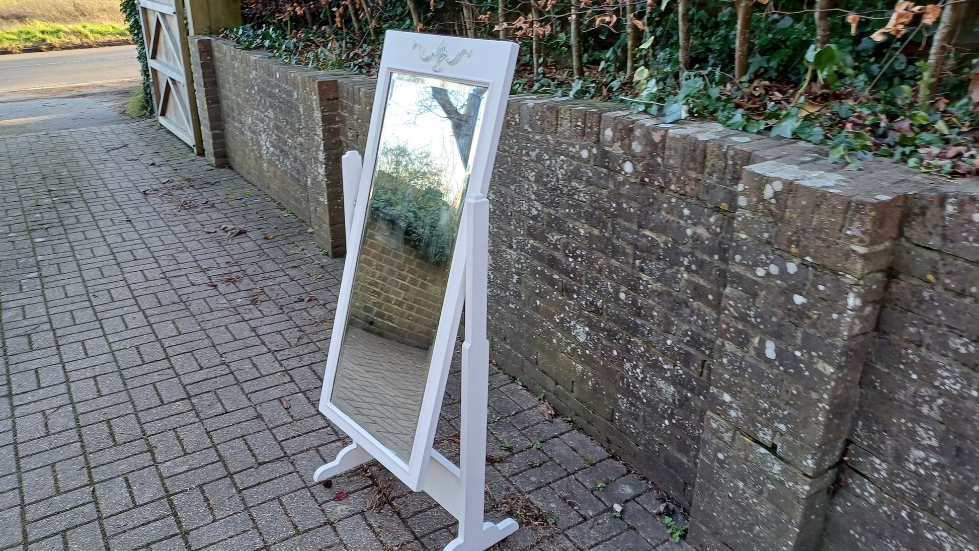 Large Early 20th Century Vintage Cheval Mirror. Solid Wood. Farrow and Ball Wimborne White.