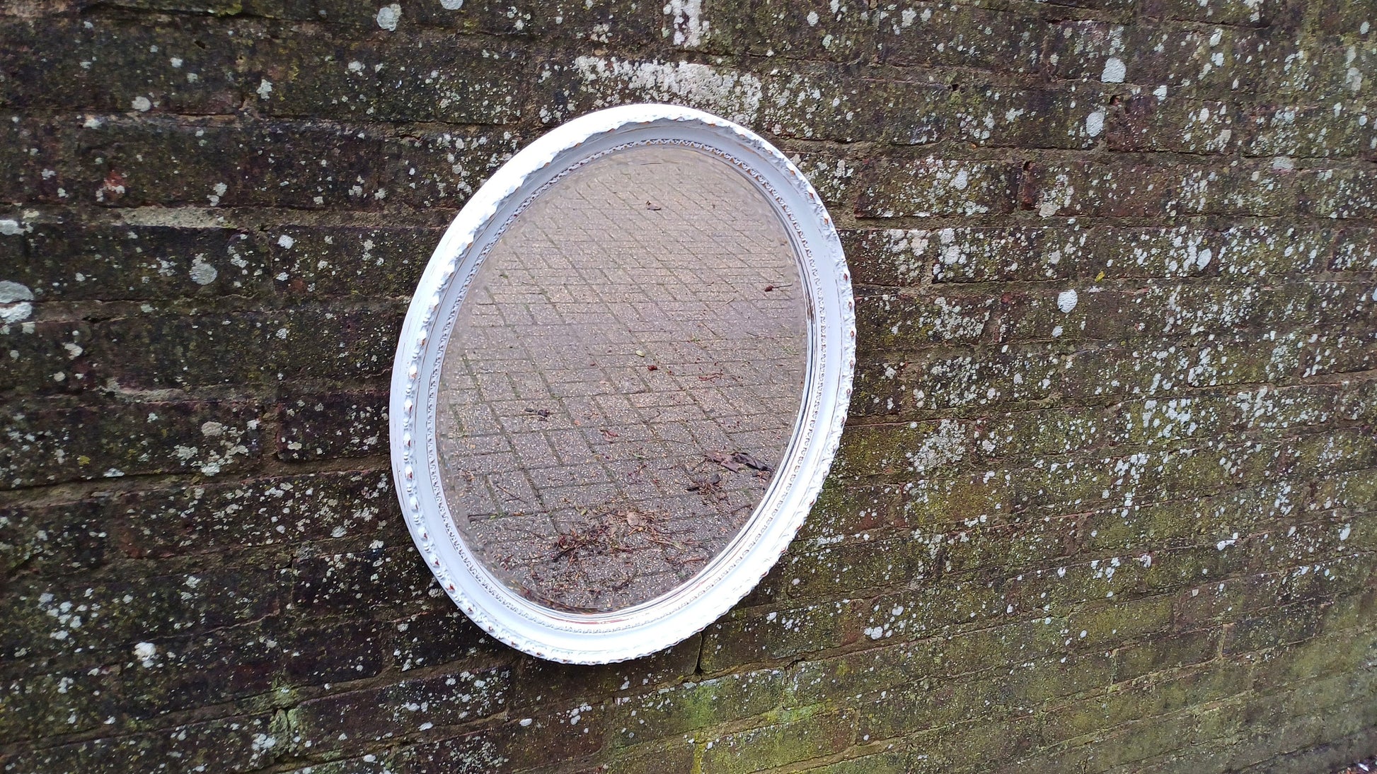 Large Stunning Unique Vintage Painted Oval Mirror in Farrow and Ball Borrowed Light Blue.