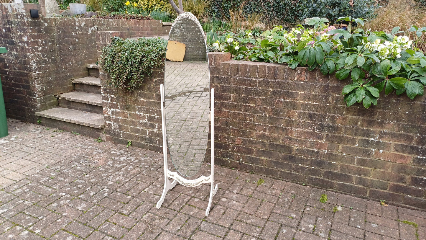 Elegant Vintage Retro Painted Cheval Bedroom Mirror Oval White Gold Highlights.
