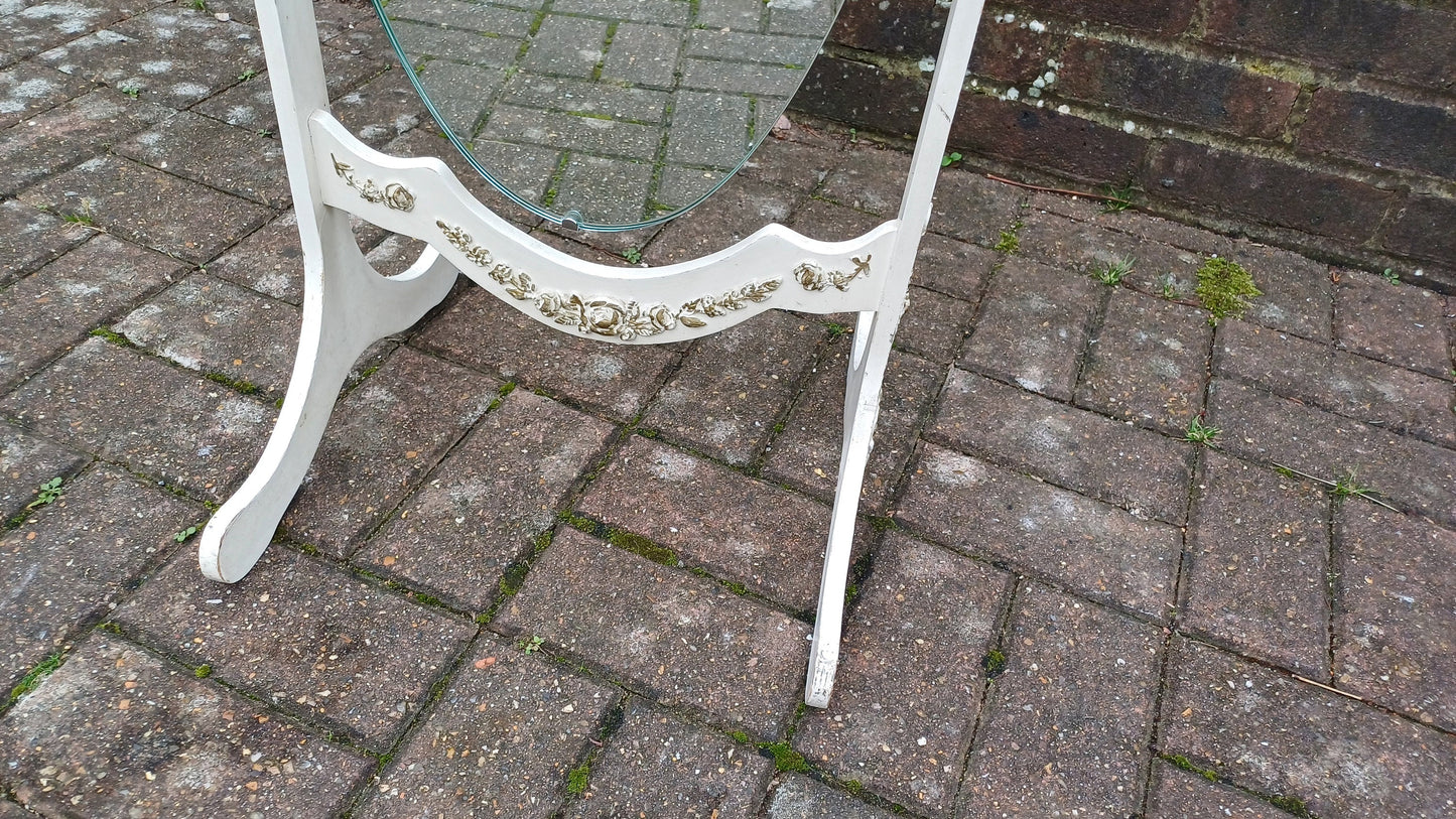 Elegant Vintage Retro Painted Cheval Bedroom Mirror Oval White Gold Highlights.