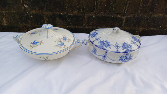 Two Pair of Vintage Serving Tureens Bowls Bird and Blue and White Decoration.