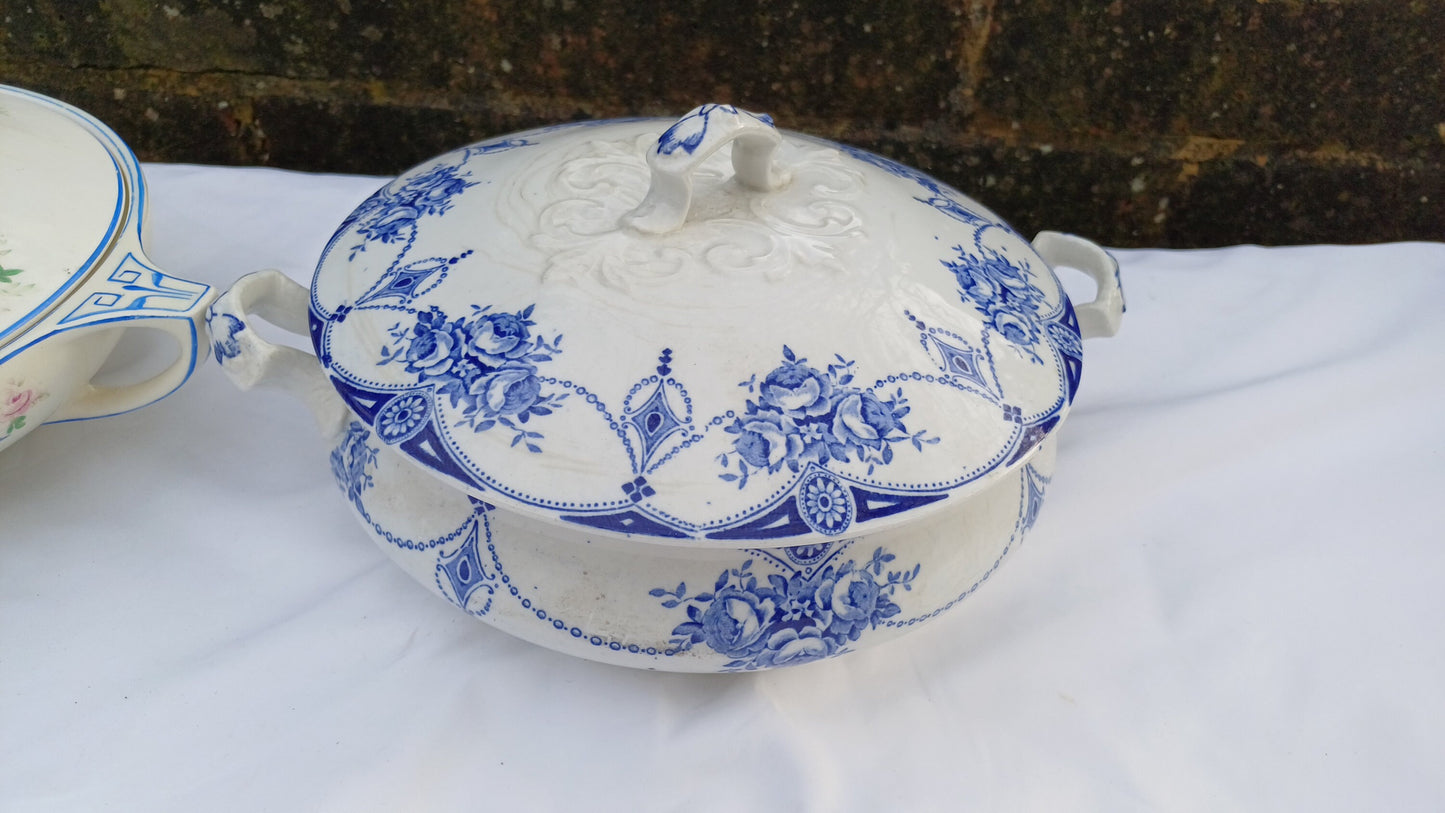 Two Pair of Vintage Serving Tureens Bowls Bird and Blue and White Decoration.