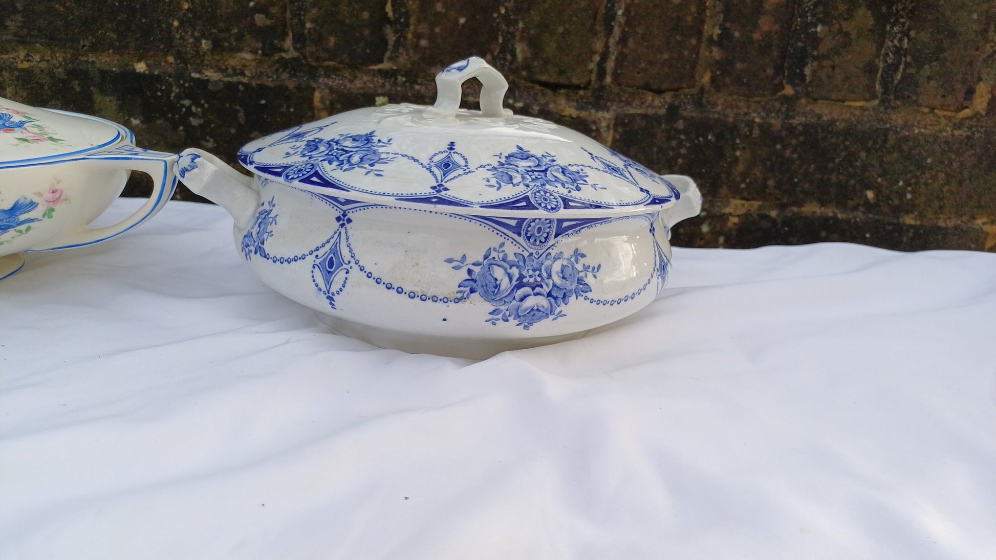Two Pair of Vintage Serving Tureens Bowls Bird and Blue and White Decoration.