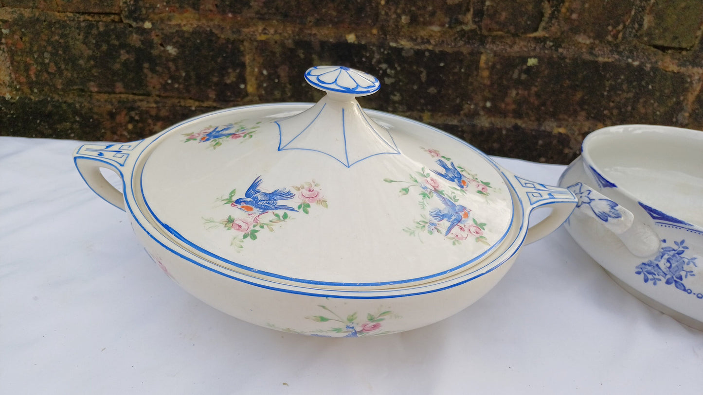 Two Pair of Vintage Serving Tureens Bowls Bird and Blue and White Decoration.