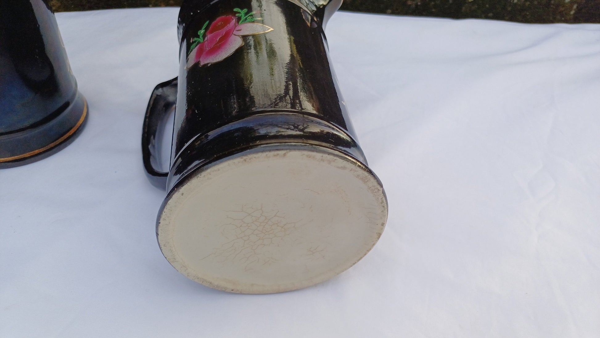 Rare Set of Vintage Victorian Graduated Jugs Black with Pink Flowers Gold Decoration.