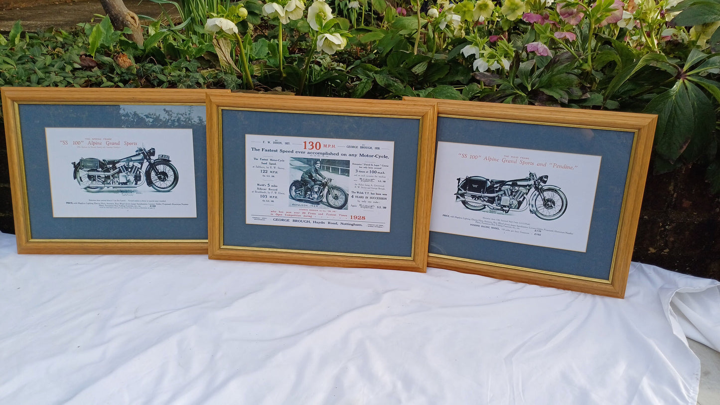 Three Vintage Motorcycle Advertising Prints 'SS100' Alpine Grand Sports and 'Pendine' George Brough with Wooden Picture Frames and Mounts.