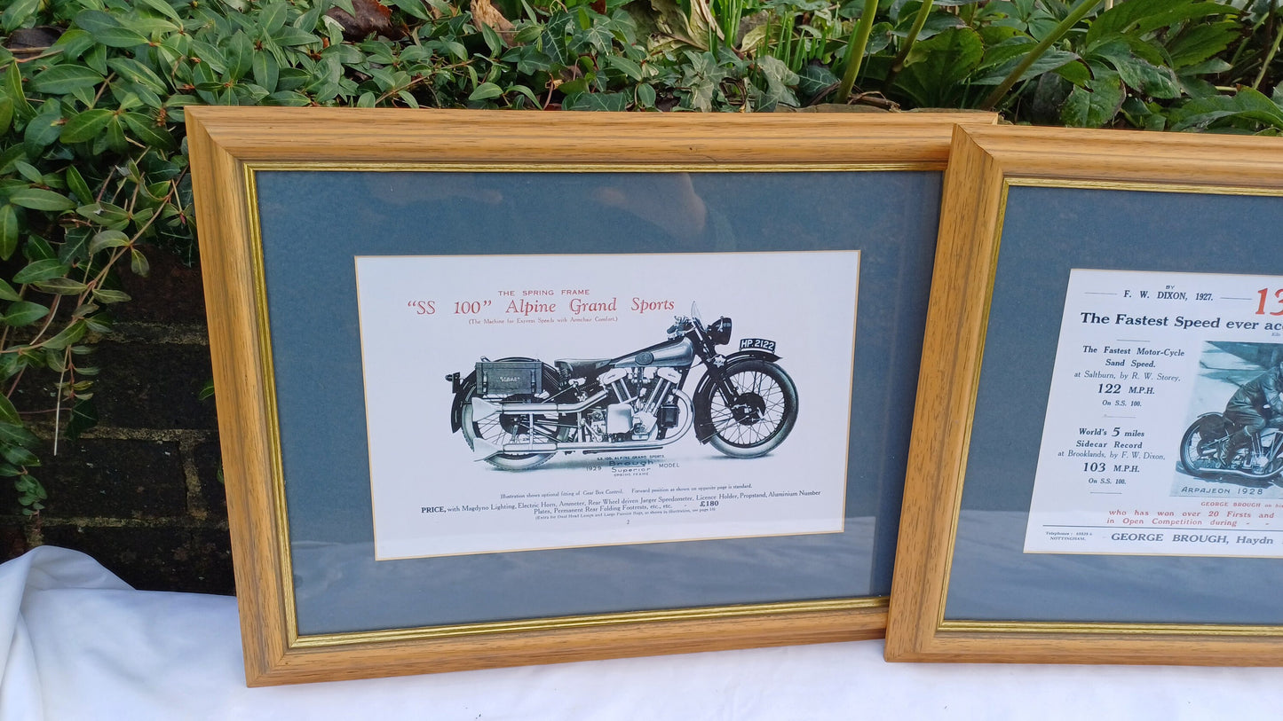 Three Vintage Motorcycle Advertising Prints 'SS100' Alpine Grand Sports and 'Pendine' George Brough with Wooden Picture Frames and Mounts.